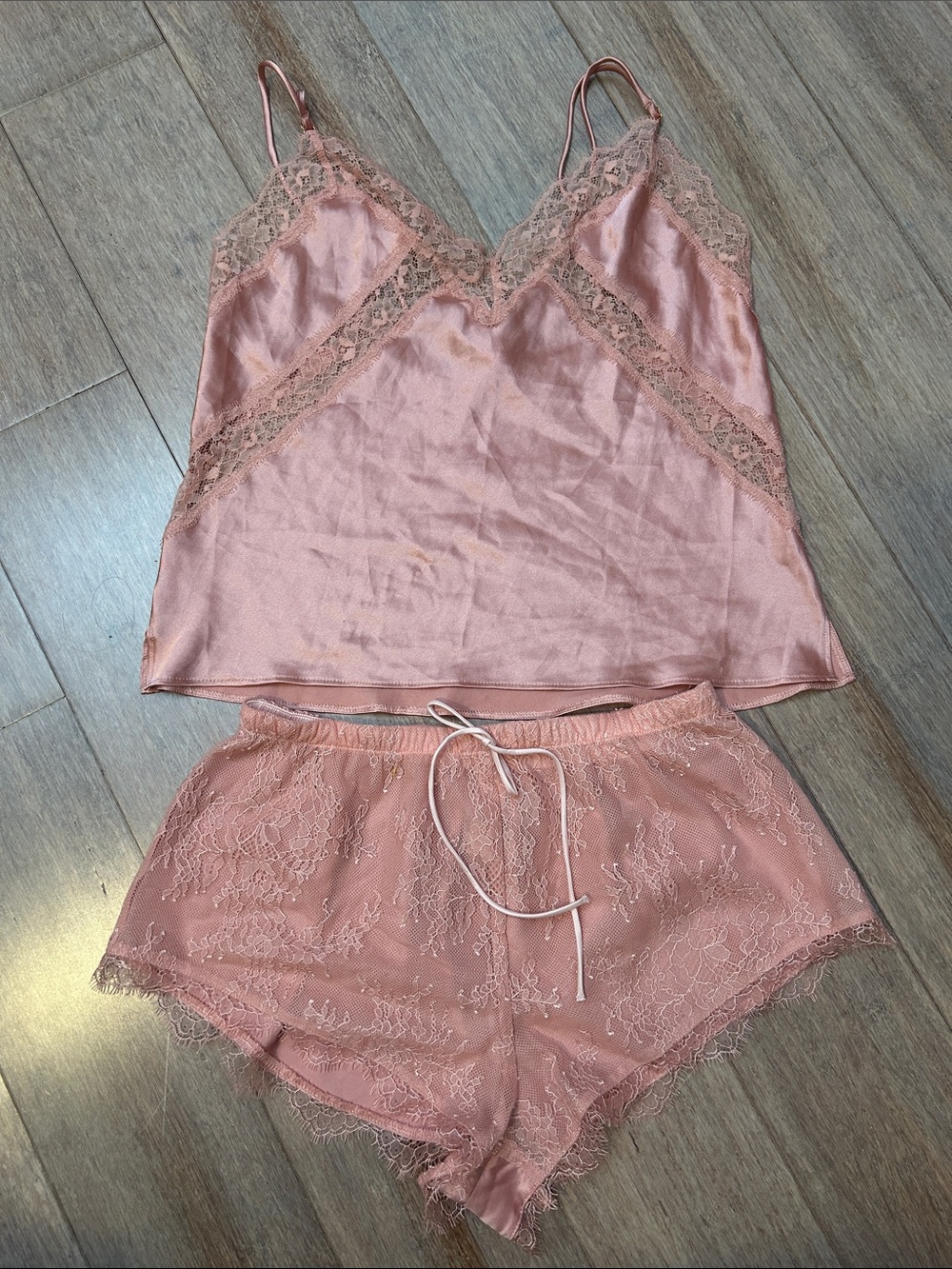 VS Women's Rose Pink Lace-Trim Satin Cami & Shorts Sleep Set size XS
